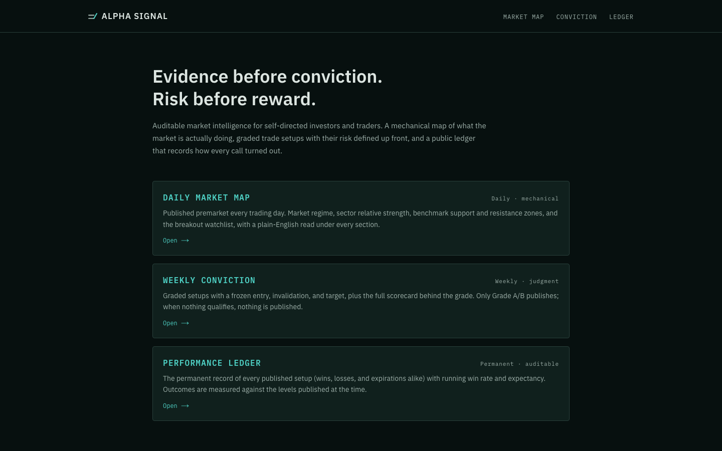 Alpha Signal Report landing page. Evidence before conviction, risk before reward.